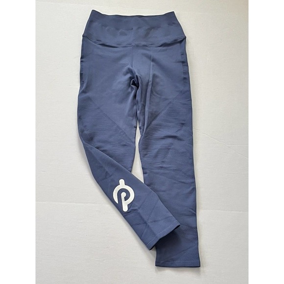 PELOTON•Women XS• Athletic Leggings Pants Blue Gray Cropped Ribbed Textured LOGO - Picture 3 of 6